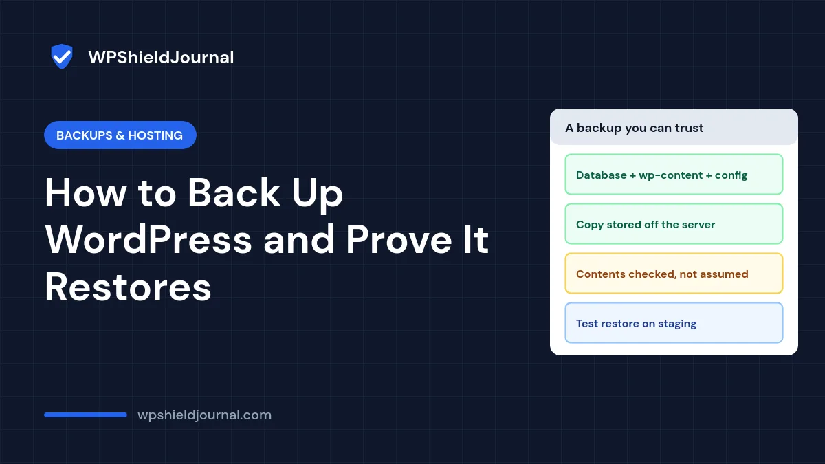 How to back up a WordPress site: database, wp-content and config, stored off-site, checked and test-restored on staging