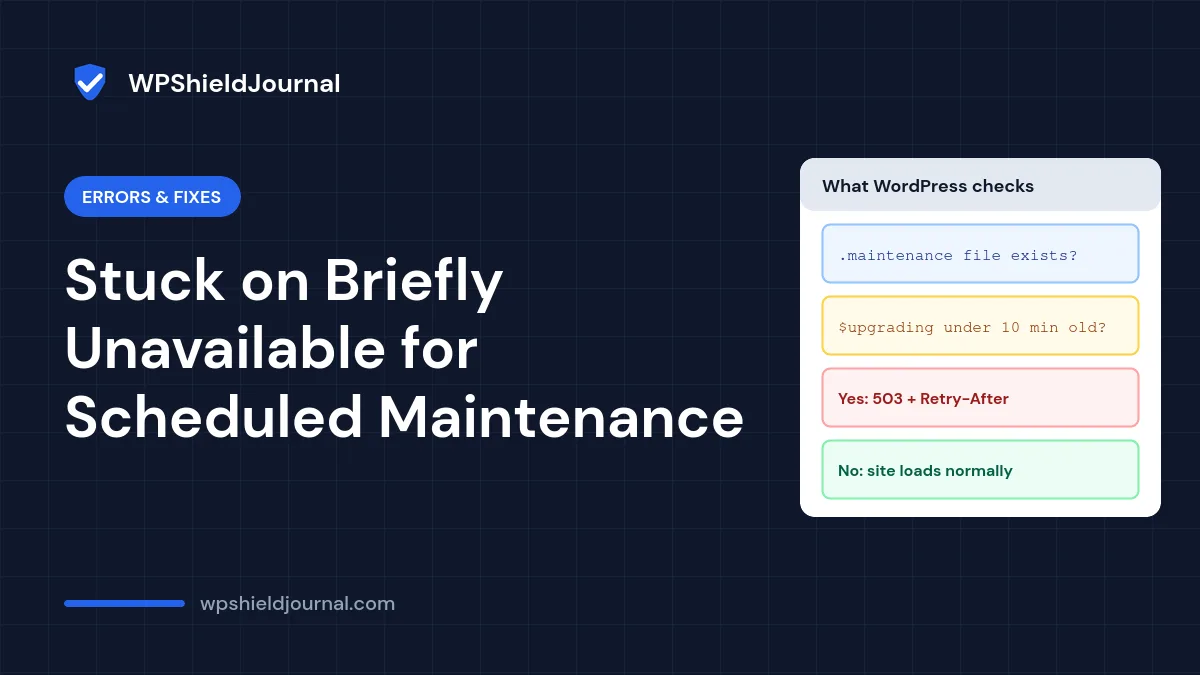 Briefly unavailable for scheduled maintenance: WordPress checks the .maintenance file and its timestamp before showing the 503 message
