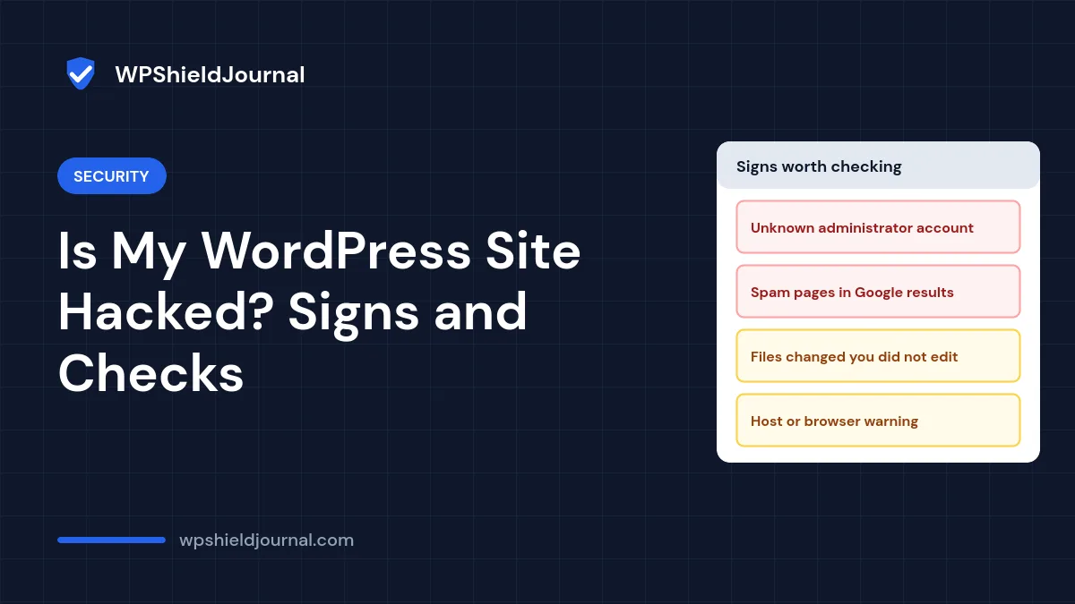 Signs a WordPress site is hacked: unknown administrators, spam pages in search results, unexpected file changes and host or browser warnings