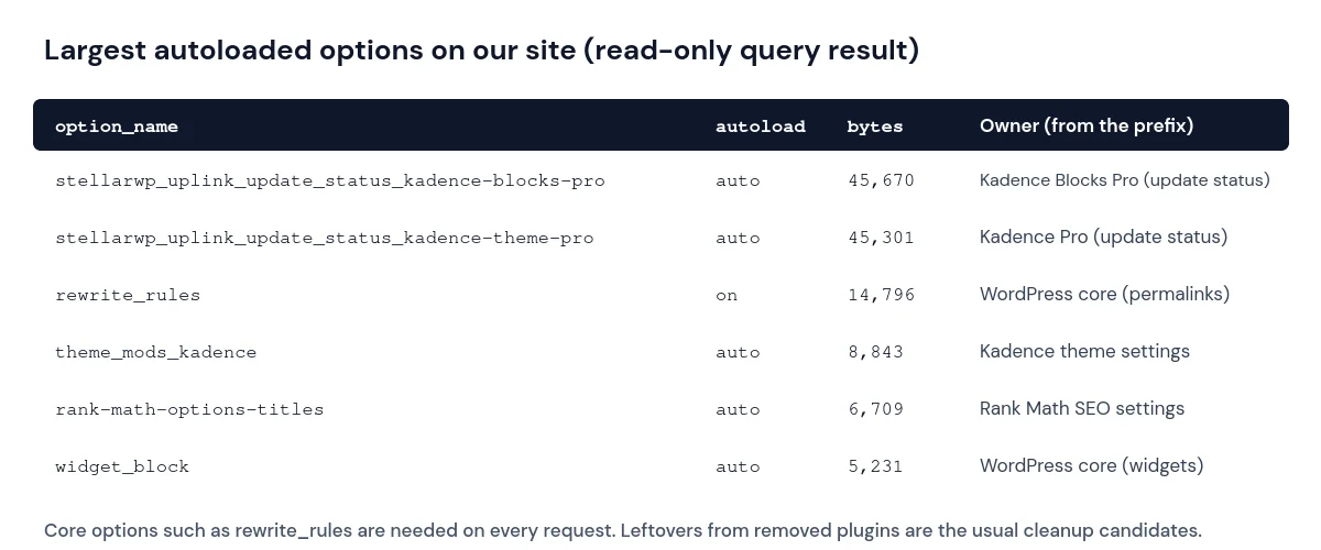 Query result listing the largest autoloaded options on our WordPress site, with option name, autoload value, size in bytes and the owning plugin