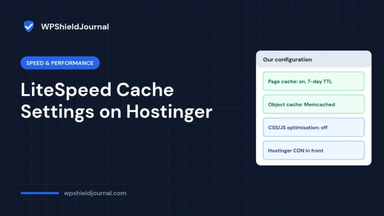 LiteSpeed Cache settings on Hostinger: page cache on with a 7-day TTL, Memcached object cache, CSS and JS optimisation off, Hostinger CDN in front