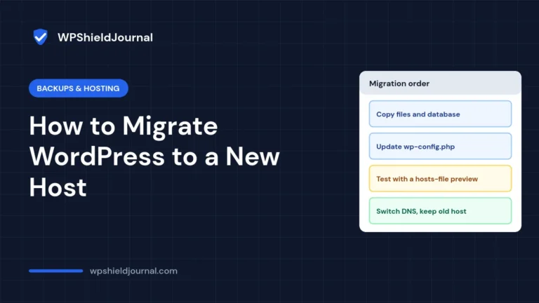 Migrate WordPress to a new host: copy files and database, update wp-config.php, test with a hosts-file preview, then switch DNS and keep the old host