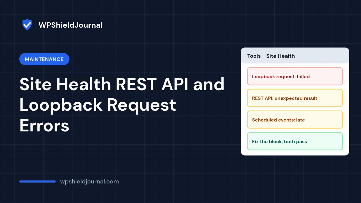 Site Health loopback request and REST API errors in WordPress, with late scheduled events, and both tests passing after the block is fixed