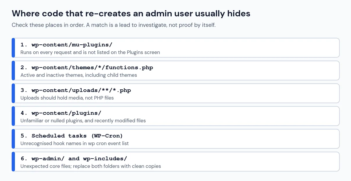 Checklist diagram of where code that re-creates an unknown admin user usually hides in WordPress: mu-plugins, theme functions.php, PHP files in uploads, plugins, WP-Cron and core folders