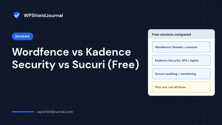 Free WordPress security plugins compared: Wordfence firewall and scanner, Kadence Security logins and 2FA, Sucuri auditing and monitoring
