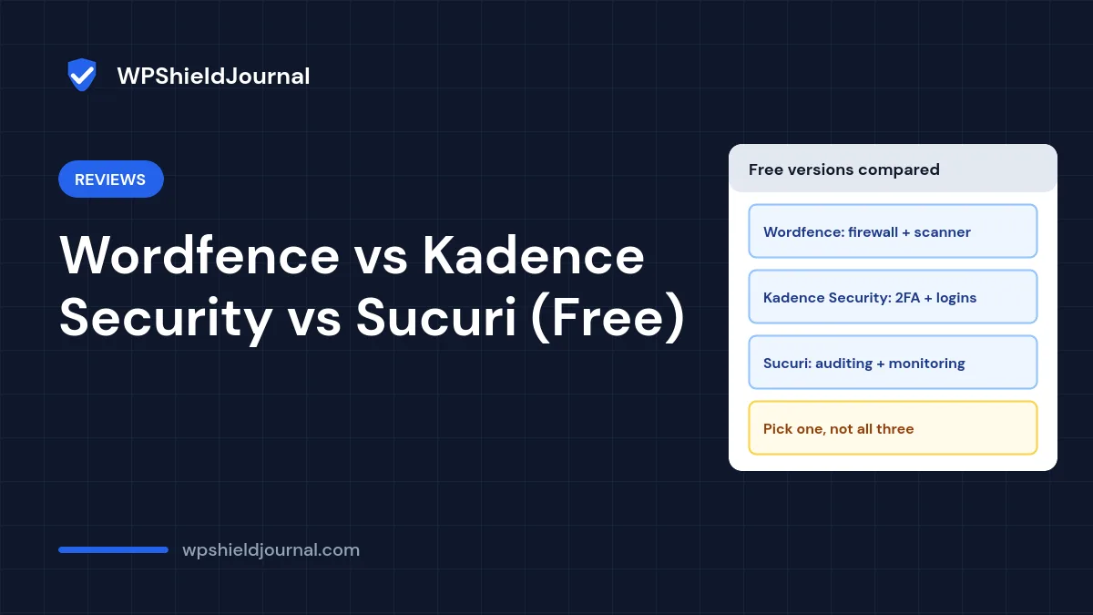 Free WordPress security plugins compared: Wordfence firewall and scanner, Kadence Security logins and 2FA, Sucuri auditing and monitoring