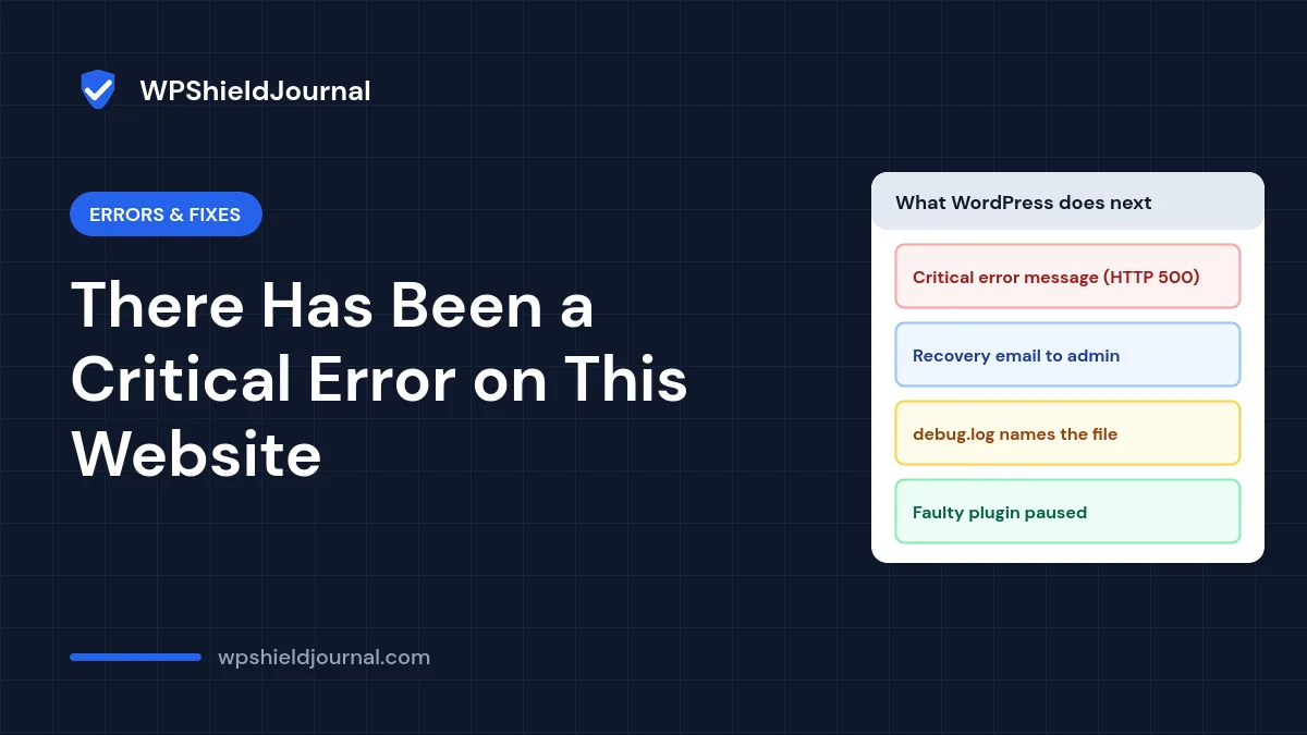 WordPress critical error on this website: error message, recovery email, debug log and paused plugin