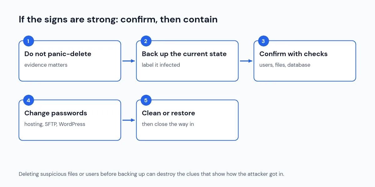 Five steps when a WordPress site may be hacked: do not panic-delete, back up the current state, confirm with checks, change passwords, clean or restore
