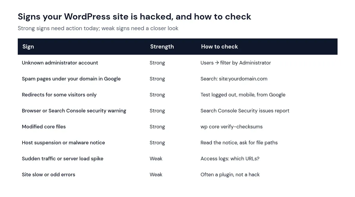 Table of signs a WordPress site is hacked, rated strong or weak, with how to check each one