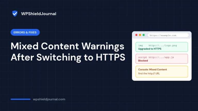 Mixed content warnings after switching WordPress to HTTPS, showing an upgraded image and a blocked script