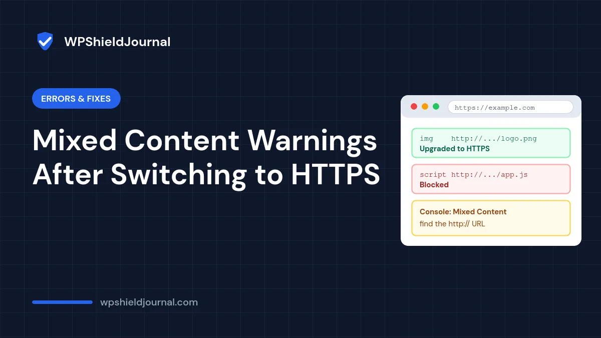 Mixed content warnings after switching WordPress to HTTPS, showing an upgraded image and a blocked script