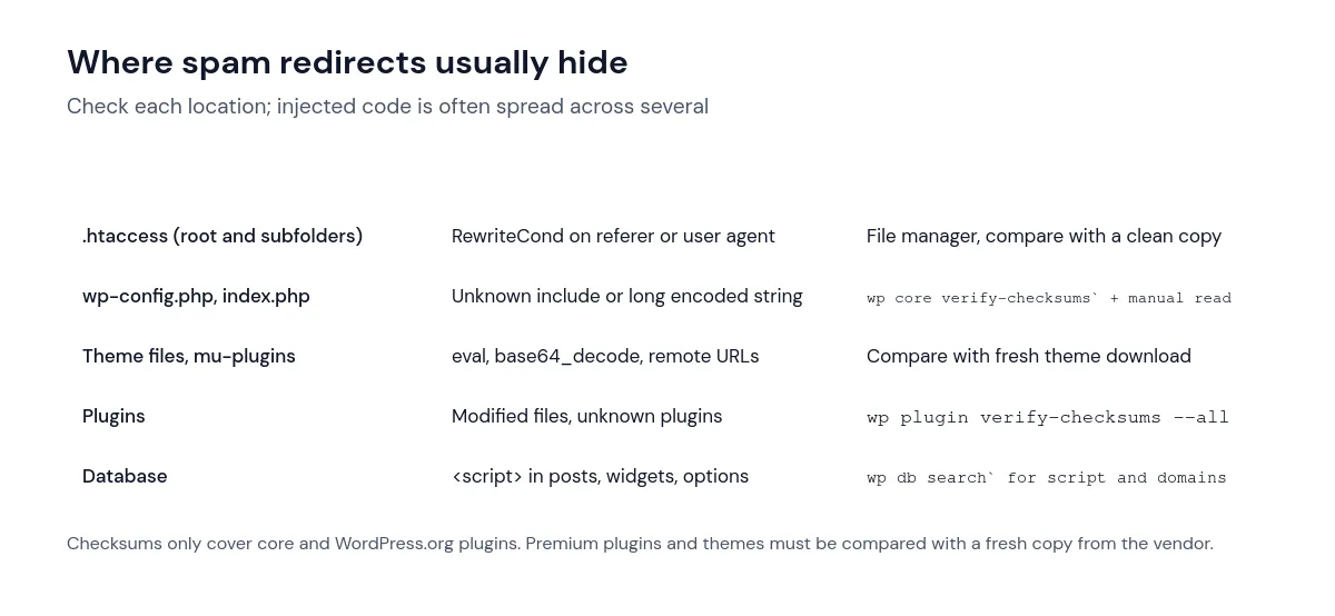 Table of places where WordPress spam redirects hide: .htaccess, wp-config.php, theme files, plugins and the database, with how to check each