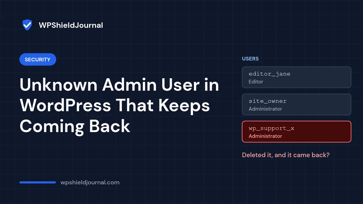 Unknown admin user in WordPress that keeps coming back, with a suspicious administrator highlighted in a user list