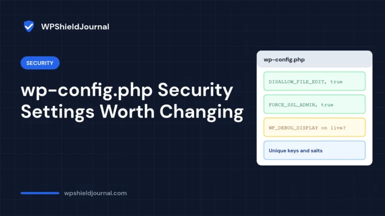 wp-config.php security settings: DISALLOW_FILE_EDIT, FORCE_SSL_ADMIN, debug display off and unique keys and salts