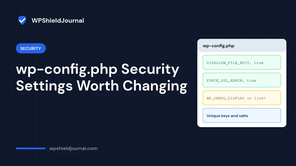 wp-config.php security settings: DISALLOW_FILE_EDIT, FORCE_SSL_ADMIN, debug display off and unique keys and salts